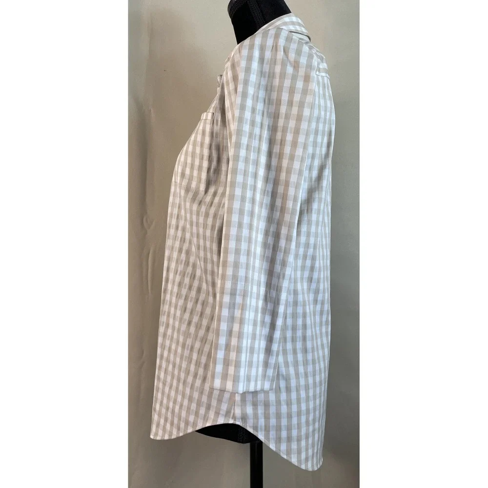 Lafayette 148 Small Button Down Shirt Blouse Tan Gingham Check 3/4 Sleeve Preppy - Picture 5 of 6